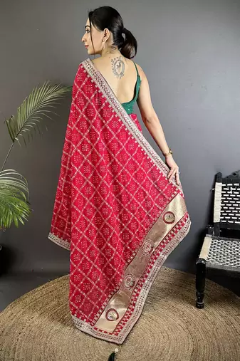 hot pink vichitra silk blend bandhej bandhani with stone & sequence work saree