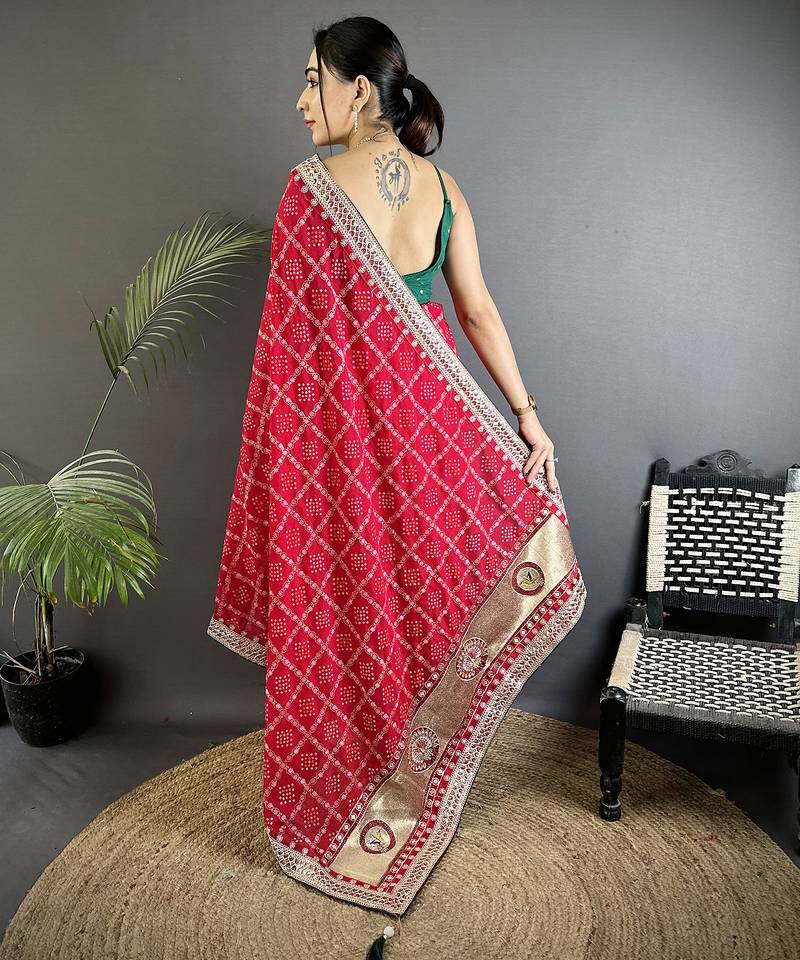 hot pink vichitra silk blend bandhej bandhani with stone & sequence work saree