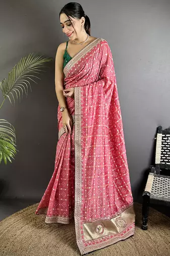 dusty pink vichitra silk blend bandhej bandhani with stone & sequence work saree