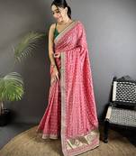 dusty pink vichitra silk blend bandhej bandhani with stone & sequence work saree