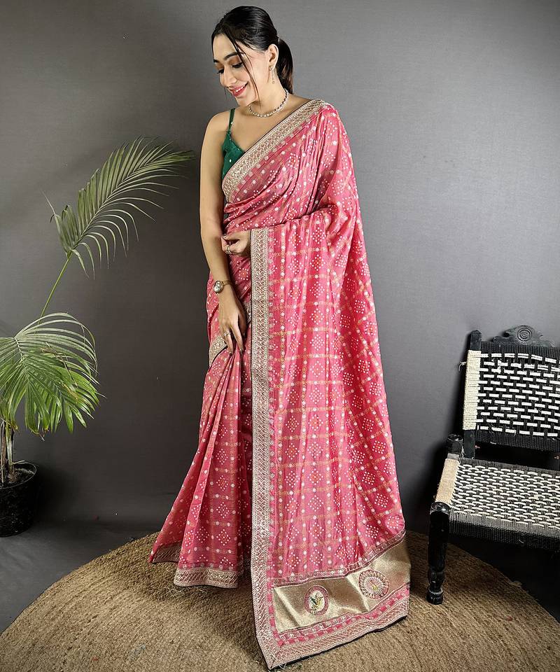 dusty pink vichitra silk blend bandhej bandhani with stone & sequence work saree
