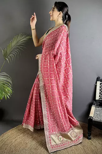 dusty pink vichitra silk blend bandhej bandhani with stone & sequence work saree