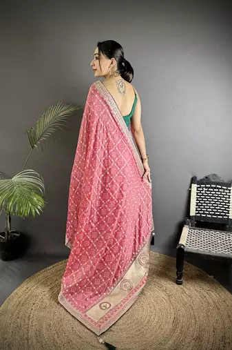 dusty pink vichitra silk blend bandhej bandhani with stone & sequence work saree