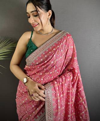 dusty pink vichitra silk blend bandhej bandhani with stone & sequence work saree 4