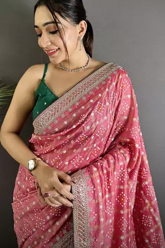 dusty pink vichitra silk blend bandhej bandhani with stone & sequence work saree