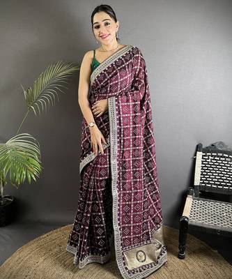 wine vichitra silk blend bandhej bandhani with stone & sequence work saree 1