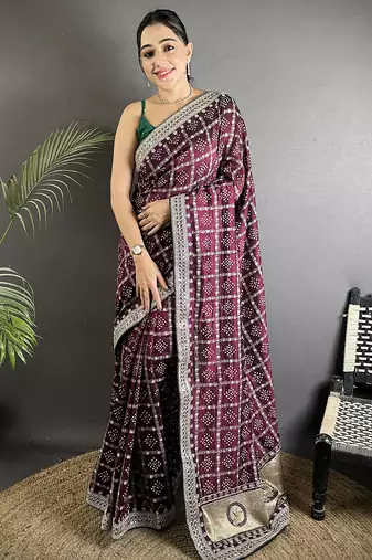 wine vichitra silk blend bandhej bandhani with stone & sequence work saree