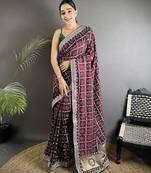 wine vichitra silk blend bandhej bandhani with stone & sequence work saree
