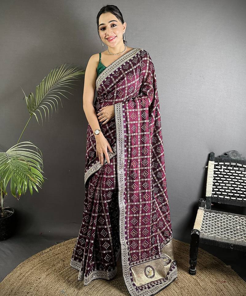 wine vichitra silk blend bandhej bandhani with stone & sequence work saree