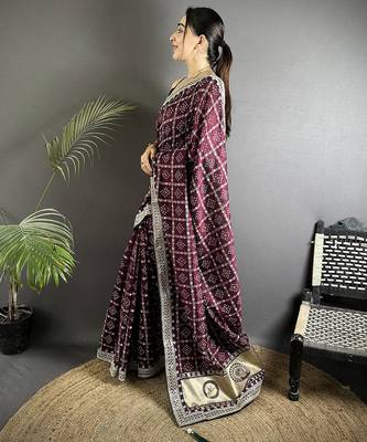 wine vichitra silk blend bandhej bandhani with stone & sequence work saree 2