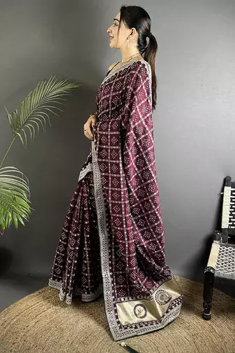 wine vichitra silk blend bandhej bandhani with stone & sequence work saree