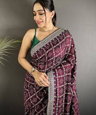 wine vichitra silk blend bandhej bandhani with stone & sequence work saree 3