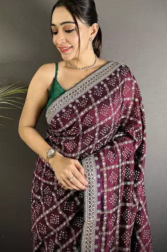 wine vichitra silk blend bandhej bandhani with stone & sequence work saree