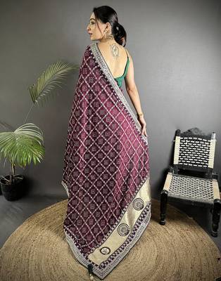wine vichitra silk blend bandhej bandhani with stone & sequence work saree 4