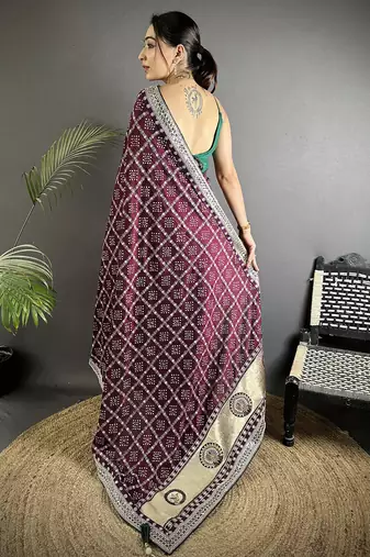 wine vichitra silk blend bandhej bandhani with stone & sequence work saree