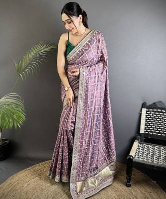 lavender vichitra silk blend bandhej bandhani with stone & sequence work saree 1