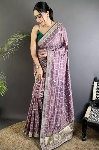lavender vichitra silk blend bandhej bandhani with stone & sequence work saree