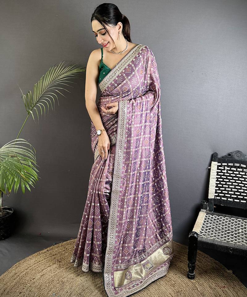 lavender vichitra silk blend bandhej bandhani with stone & sequence work saree
