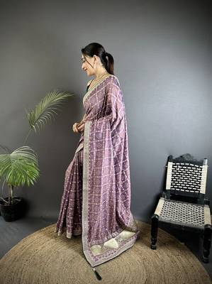 lavender vichitra silk blend bandhej bandhani with stone & sequence work saree 2