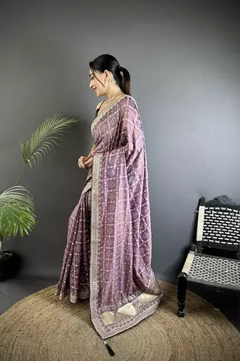 lavender vichitra silk blend bandhej bandhani with stone & sequence work saree