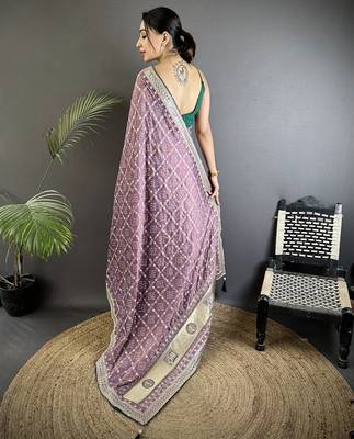 lavender vichitra silk blend bandhej bandhani with stone & sequence work saree 3