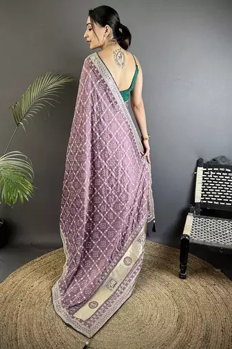 lavender vichitra silk blend bandhej bandhani with stone & sequence work saree