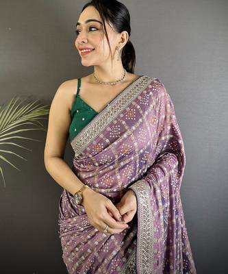 lavender vichitra silk blend bandhej bandhani with stone & sequence work saree 4