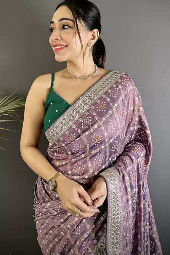 lavender vichitra silk blend bandhej bandhani with stone & sequence work saree