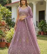 pink dori embroidered net lehenga set choli with dupatta