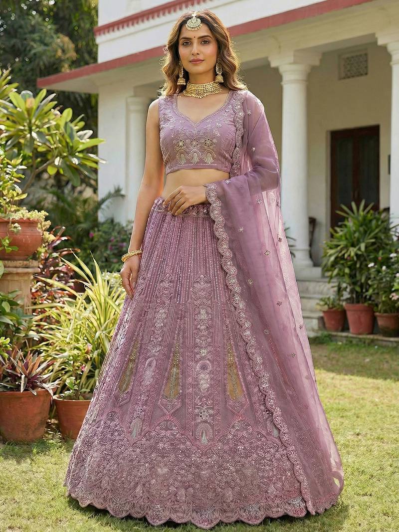 pink dori embroidered net lehenga set choli with dupatta
