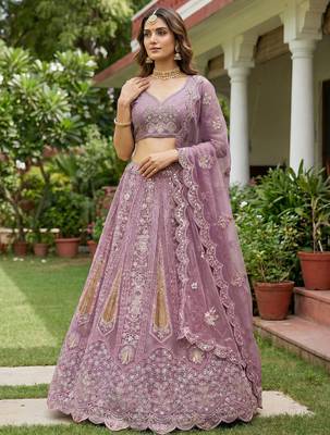 pink dori embroidered net lehenga set choli with dupatta 2