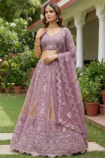 pink dori embroidered net lehenga set choli with dupatta