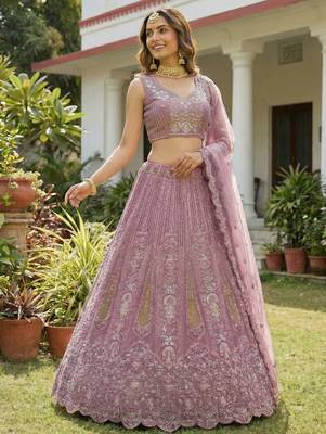 pink dori embroidered net lehenga set choli with dupatta 3