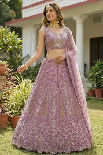 pink dori embroidered net lehenga set choli with dupatta