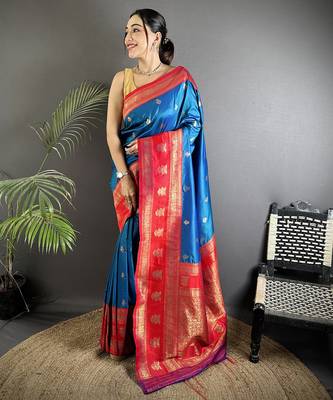 royal blue soft silk blend banarasi zari woven butti weaving saree 1