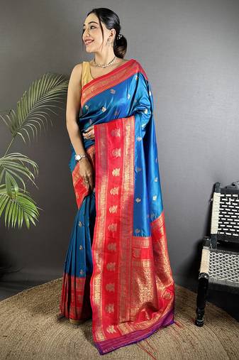 royal blue soft silk blend banarasi zari woven butti weaving saree