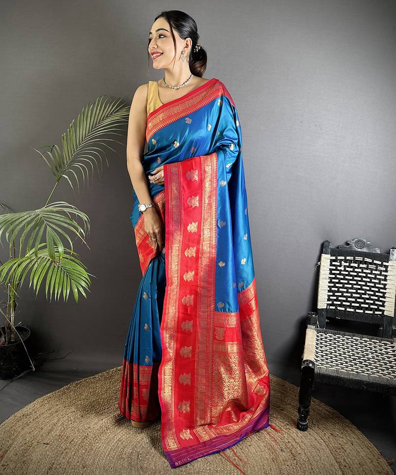 royal blue soft silk blend banarasi zari woven butti weaving saree