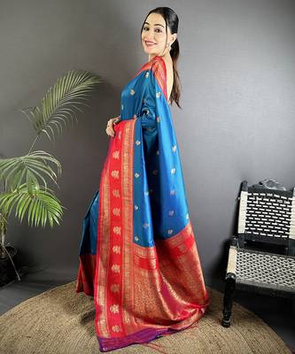 royal blue soft silk blend banarasi zari woven butti weaving saree 2