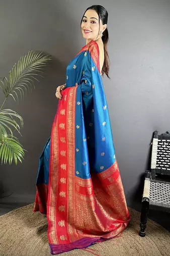 royal blue soft silk blend banarasi zari woven butti weaving saree
