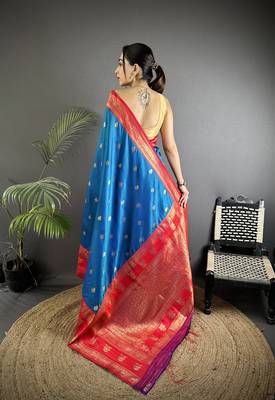 royal blue soft silk blend banarasi zari woven butti weaving saree 3