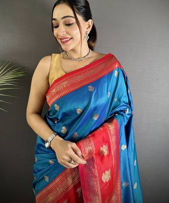 royal blue soft silk blend banarasi zari woven butti weaving saree 4
