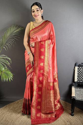 peach soft silk blend banarasi zari woven butti weaving saree