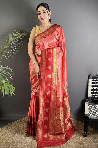 peach soft silk blend banarasi zari woven butti weaving saree