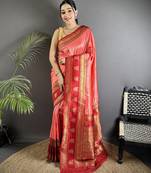 peach soft silk blend banarasi zari woven butti weaving saree
