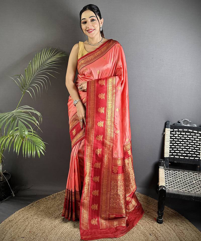 peach soft silk blend banarasi zari woven butti weaving saree