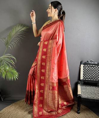 peach soft silk blend banarasi zari woven butti weaving saree 2