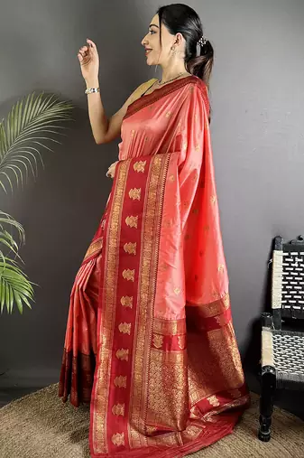 peach soft silk blend banarasi zari woven butti weaving saree