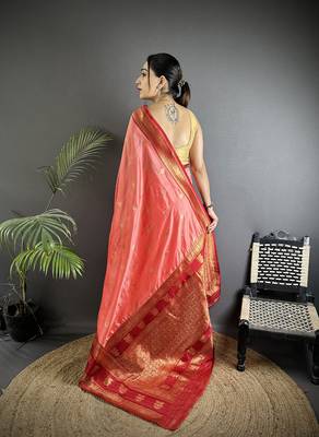 peach soft silk blend banarasi zari woven butti weaving saree 3