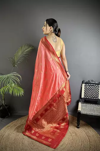 peach soft silk blend banarasi zari woven butti weaving saree