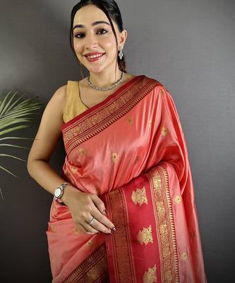 peach soft silk blend banarasi zari woven butti weaving saree 4